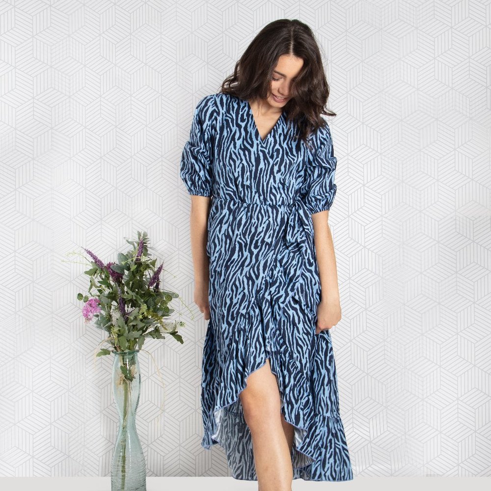 Zebra Print Ruffle Hem Wrap Dress (Sample)